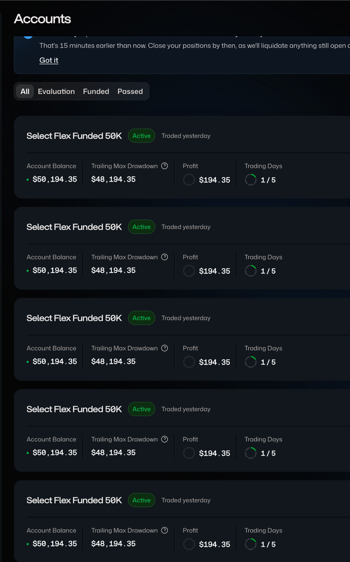 Proof of five active Tradeify Select Flex funded accounts.